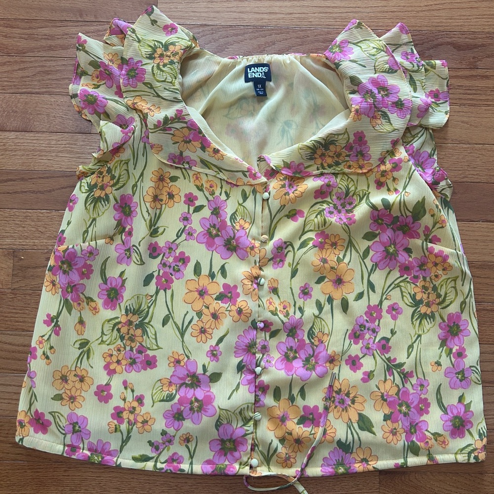 Lands’ End Blouse Women's Size 1X Yellow Pink Floral Chiffon Ruffle Spring Top
